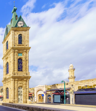 Tel-Aviv, Israel - May 21, 2023: View of the Clock Tower square, with local businesses, in old Jaffa, now part of Tel-Aviv-Yafo, Israelのeditorial素材