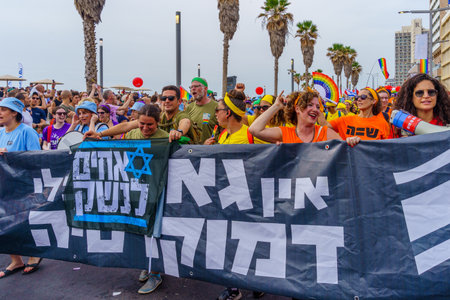 Tel-Aviv, Israel - June 08, 2023: View of group of protest activists, taking part in the annual Pride Parade of the LGBTQ+ community, in Tel-Aviv, Israelのeditorial素材