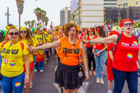 Tel-Aviv, Israel - June 08, 2023: View of group of protest activists, taking part in the annual...