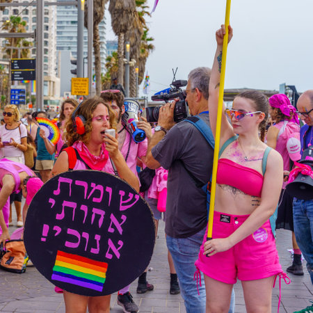 Tel-Aviv, Israel - June 08, 2023: View of group of protest activists, taking part in the annual Pride Parade of the LGBTQ+ community, in Tel-Aviv, Israelのeditorial素材