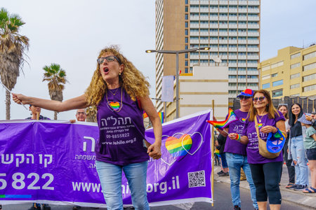 Tel-Aviv, Israel - June 08, 2023: View of group of protest activists, taking part in the annual Pride Parade of the LGBTQ+ community, in Tel-Aviv, Israelのeditorial素材