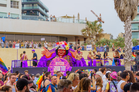 Tel-Aviv, Israel - June 08, 2023: View of celebrating crowd trucks, part of the annual Pride Parade of the LGBTQ+ community, in Tel-Aviv, Israelのeditorial素材