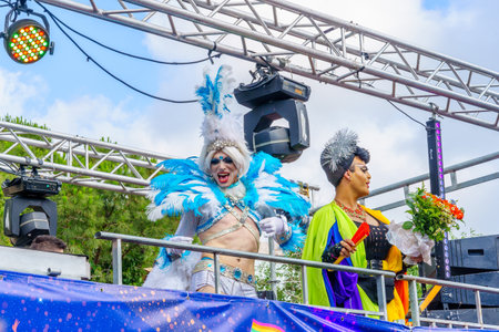 Haifa, Israel - June 15, 2023: View of Drag queens dancing on a truck, in the annual Pride Parade of the LGBTQ+ community, in Haifa, Israelのeditorial素材