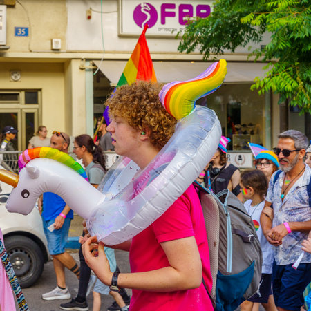 Haifa, Israel - June 15, 2023: View of various participants marching, in the annual Pride Parade of the LGBTQ+ community, in Haifa, Israelのeditorial素材