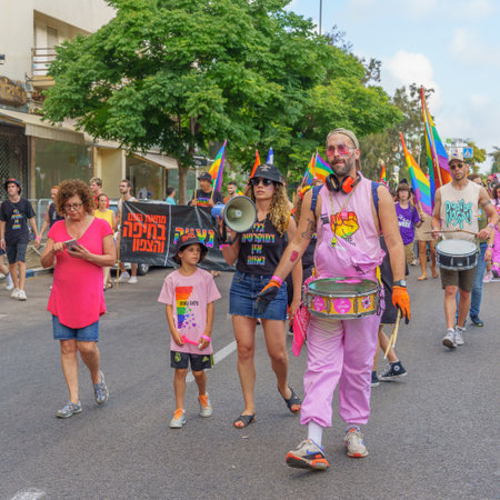Haifa, Israel - June 15, 2023: View of participants marching with various protest signs, in the annual Pride Parade of the LGBTQ+ community, in Haifa, Israelのeditorial素材