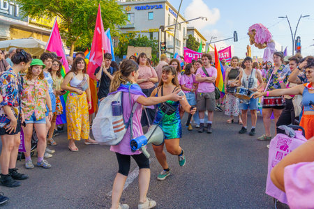 Haifa, Israel - June 15, 2023: View of various participants celebrating in the street, in the annual Pride Parade of the LGBTQ+ community, in Haifa, Israelのeditorial素材
