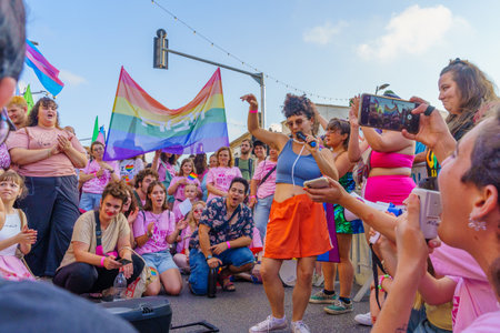 Haifa, Israel - June 15, 2023: View of various participants celebrating in the street, in the annual Pride Parade of the LGBTQ+ community, in Haifa, Israelのeditorial素材