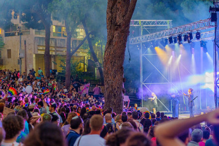 Haifa, Israel - June 15, 2023: View of crowd and a stage show, in the annual Pride Parade Party of the LGBTQ+ community, in Haifa, Israelのeditorial素材