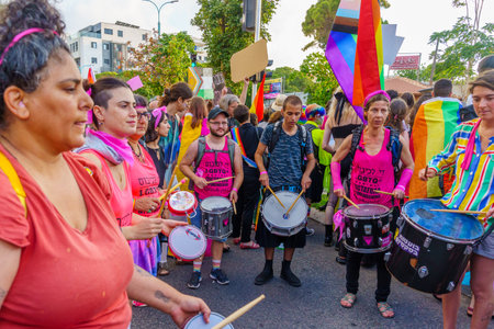 Haifa, Israel - June 15, 2023: View of various participants celebrating in the street, in the annual Pride Parade of the LGBTQ+ community, in Haifa, Israelのeditorial素材