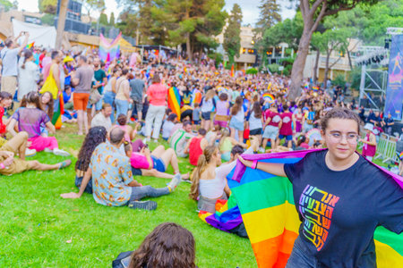 Haifa, Israel - June 15, 2023: View of crowd and a stage show, in the annual Pride Parade Party of the LGBTQ+ community, in Haifa, Israelのeditorial素材