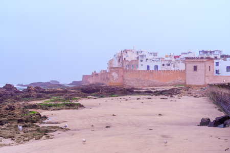 Blue hour (before sunrise) view of the Medina walls and the coast, in Essaouira (Mogador), Moroccoのeditorial素材