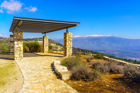 View of the Margaliot Lookout, with the Hula Valley (upper Jordan River valley) and Mount Hermon in the background, Northern Israelの写真素材