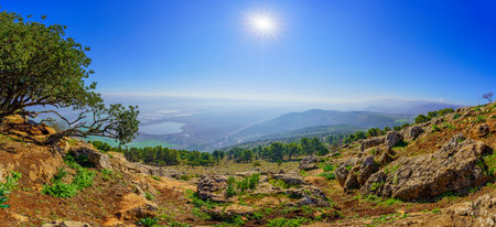 Panoramic landscape of the Hula Valley (upper Jordan River valley), from Keren Naftali (Upper Galilee), Northern Israelの写真素材
