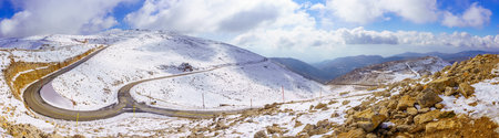 Panoramic view of snowy landscape of Mount Hermon, in the north part of the Golan Heights, Northern Israelの写真素材