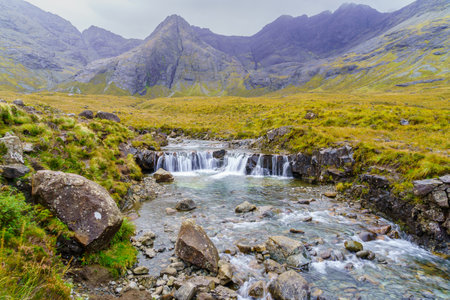 View of waterfalls and pools in the Fairy Pools, the Isle of Skye, Inner Hebrides, Scotland, UK