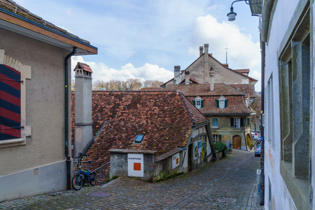 Bern, Switzerland - February 23, 2023: View of an alley in the old city, in Bern, Switzerlandのeditorial素材