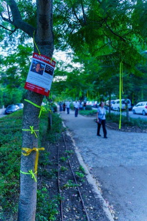 Haifa, Israel - October 26, 2023: Posters of people kidnapped to Gaza, and yellow ribbons on trees, as a call to bring them back home. Haifa, Israelのeditorial素材