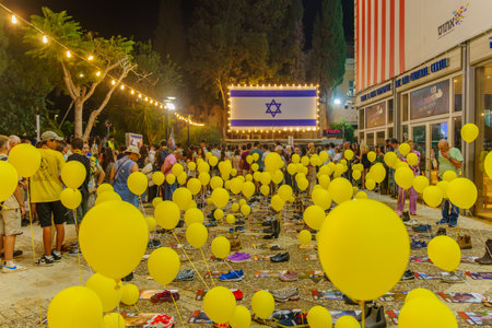 Haifa, Israel - November 01, 2023: People gather near display of solidarity with families of the hostages kidnapped to Gaza. Haifa, Israelのeditorial素材