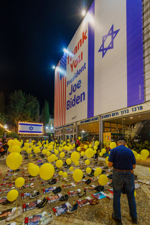 Haifa, Israel - November 01, 2023: Display of solidarity with families of the hostages kidnapped to Gaza and thank you Biden banner. Haifa, Israelのeditorial素材