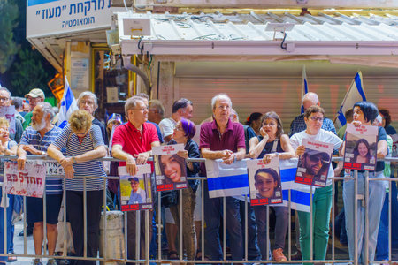 Haifa, Israel - November 04, 2023: Crowd gathered in a display of solidarity with the hostages kidnapped to Gaza and protest against the government. Haifa, Israelのeditorial素材