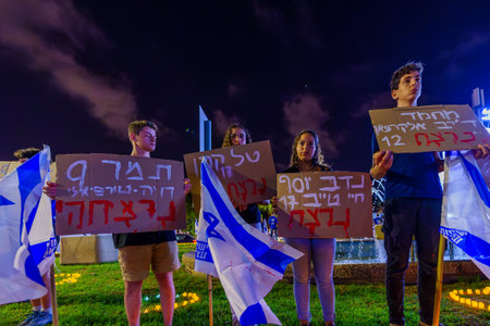 Haifa, Israel - November 07, 2023: Youth commemorating the youth victims, murdered by Hamas terrorists on October 07. Haifa, Israelのeditorial素材
