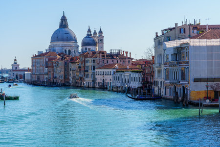 Venice, Italy - March 01, 2022: View of the Grand Canal from the Accademia bridge, with buildings and boats, in Venice, Veneto, Northern Italyのeditorial素材