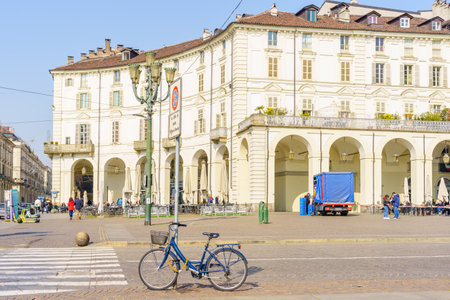 Turin, Italy - February 25, 2022: View of the Piazza Vittorio Veneto square, with locals and visitors, in Turin, Piedmont, Northern Italyのeditorial素材