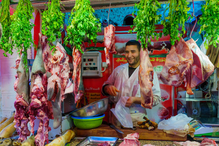 Casablanca, Morocco - March 29, 2023: View of a seller and his shop, in the market of the Old Medina of Casablanca, Moroccoのeditorial素材