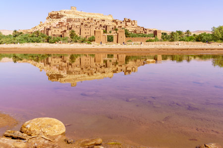 Ait Benhaddou, Morocco - April 04, 2023: View of the historic Ait Benhaddou village, with locals and visitors, in the High Atlas Mountains, Moroccoのeditorial素材