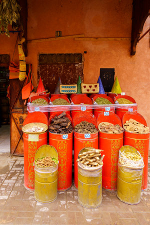 Marrakesh, Morocco - April 05, 2023: View of a shop display in the Medina, with various products, Marrakesh, Moroccoのeditorial素材