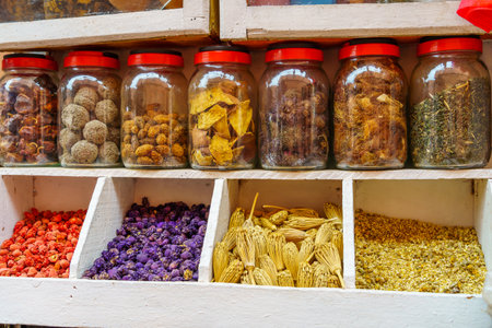Various herbs on display for sale, in the Medina of Marrakesh, Moroccoの写真素材