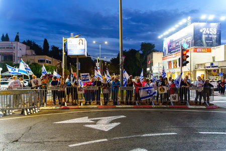 Haifa, Israel - November 11, 2023: Protest against the government, calling for taking responsibility of the war and release of hostages. Haifa, Israelのeditorial素材