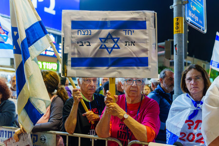 Haifa, Israel - November 11, 2023: Protest against the government, calling for taking responsibility of the war and release of hostages. Haifa, Israelのeditorial素材