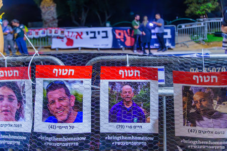 Caesarea, Israel - November 11, 2023: Display calling the release of hostages kidnapped to Gaza by Hamas. Caesarea, Israelのeditorial素材
