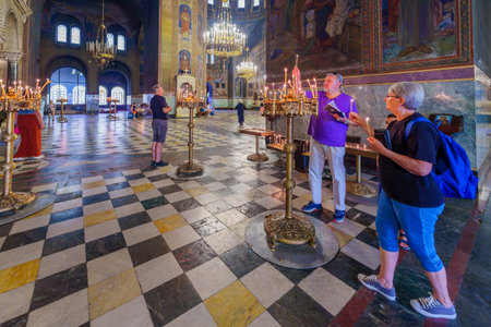 Sofia, Bulgaria - September 14, 2023: View of the interior of St. Alexander Nevsky Cathedral, with visitors, in Sofia, Bulgariaのeditorial素材