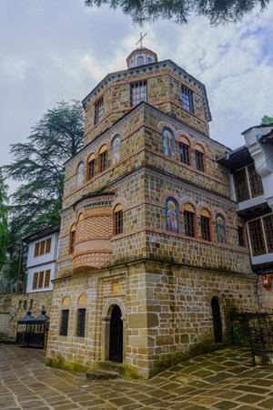 Troyan, Bulgaria - September 16, 2023: View of the church tower of the Troyan Monastery (Monastery...