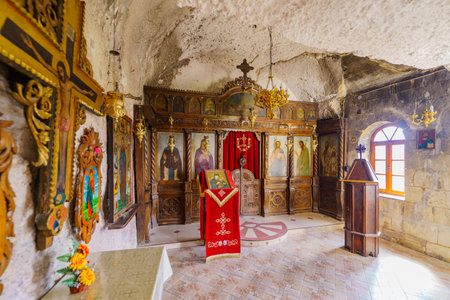 Basarbovo, Bulgaria - September 17, 2023: View of the Monastery of Saint Dimitar Basarbowski, a Bulgarian Orthodox cave monastery, Rusenski Lom River, northeastern Bulgariaのeditorial素材