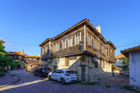 Nesebar, Bulgaria - September 20, 2023: Street view with typical old buildings, in the old town of Nesebar, Bulgariaのeditorial素材