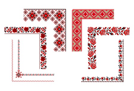 illustrations of ukrainian embroidery ornaments, corners, frames and borders.のイラスト素材