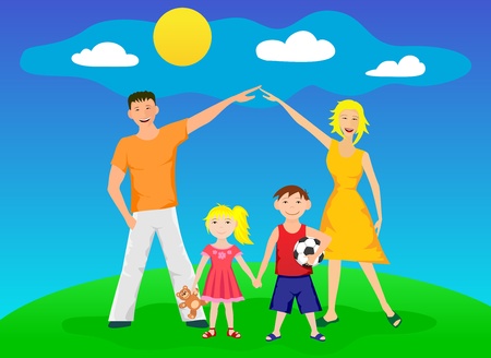 Happy family standing on a nature glade and smileのイラスト素材