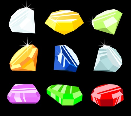 Different jewels and gemstones isolated on black background, vector.のイラスト素材