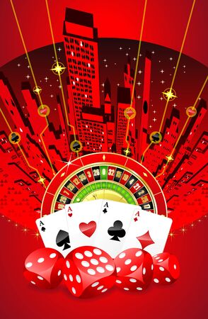 Abstract gambling background with roulette, playing cards and dicesの写真素材