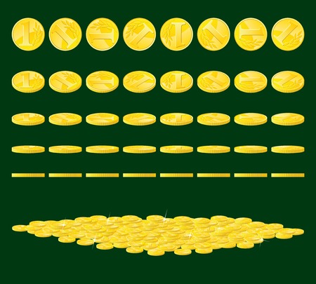 Golden coin rotated in various positions and heap of coins.のイラスト素材