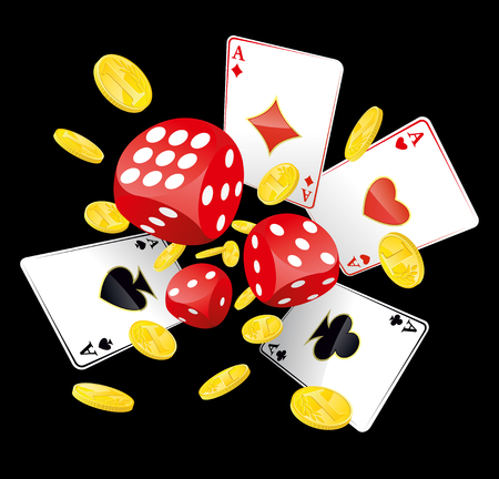 Gambling illustration with red playing dices, four aces and lot of golden coins which fly away.のイラスト素材