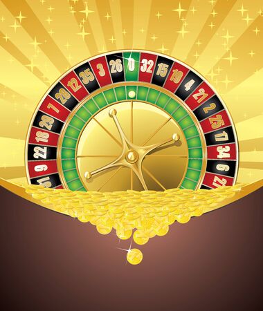 Abstract gambling background with roulette wheel and heap of falling golden coins.のイラスト素材