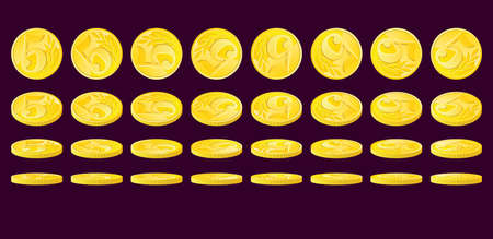 Golden coin rotated in various positions. Five monetary units nominal.のイラスト素材