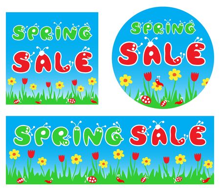 Spring sale offers message banner with flowers and funny bugs. Vector illustration.のイラスト素材
