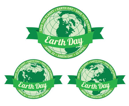 Set of globes with Earth day written inside old style banner and Save the planet slogan around. EPS8 vector illustration.のイラスト素材
