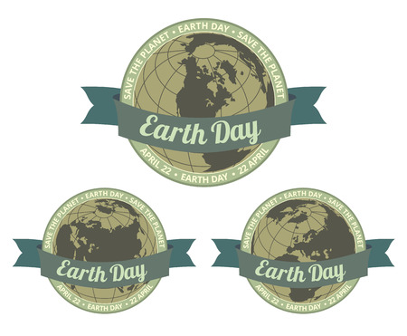 Set of globes with Earth day written inside old style banner and Save the planet slogan around. EPS8 vector illustration.のイラスト素材