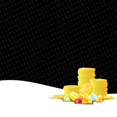 Stacks of golden coins and heap of gemstones. Gambling background with playing card suits. EPS8 vector illustration.のイラスト素材
